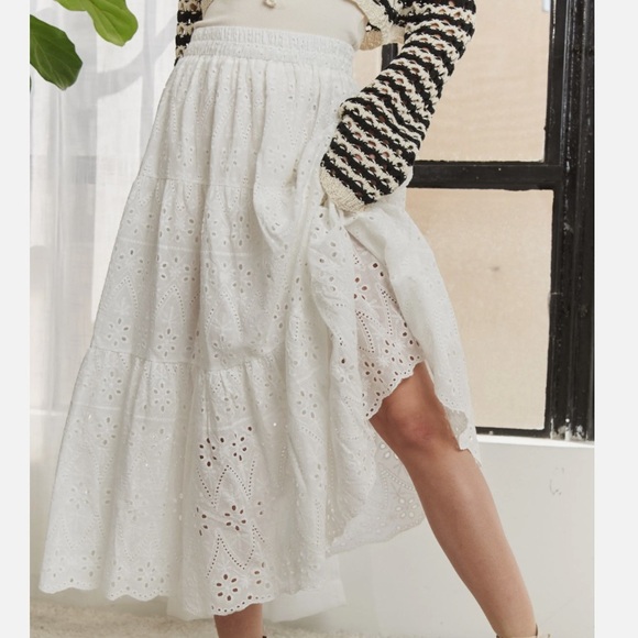 ADORA Dresses & Skirts - ADORA Tiered Elastic Waist 100% Cotton Eyelet Midi Skirt Boho Western Festival L